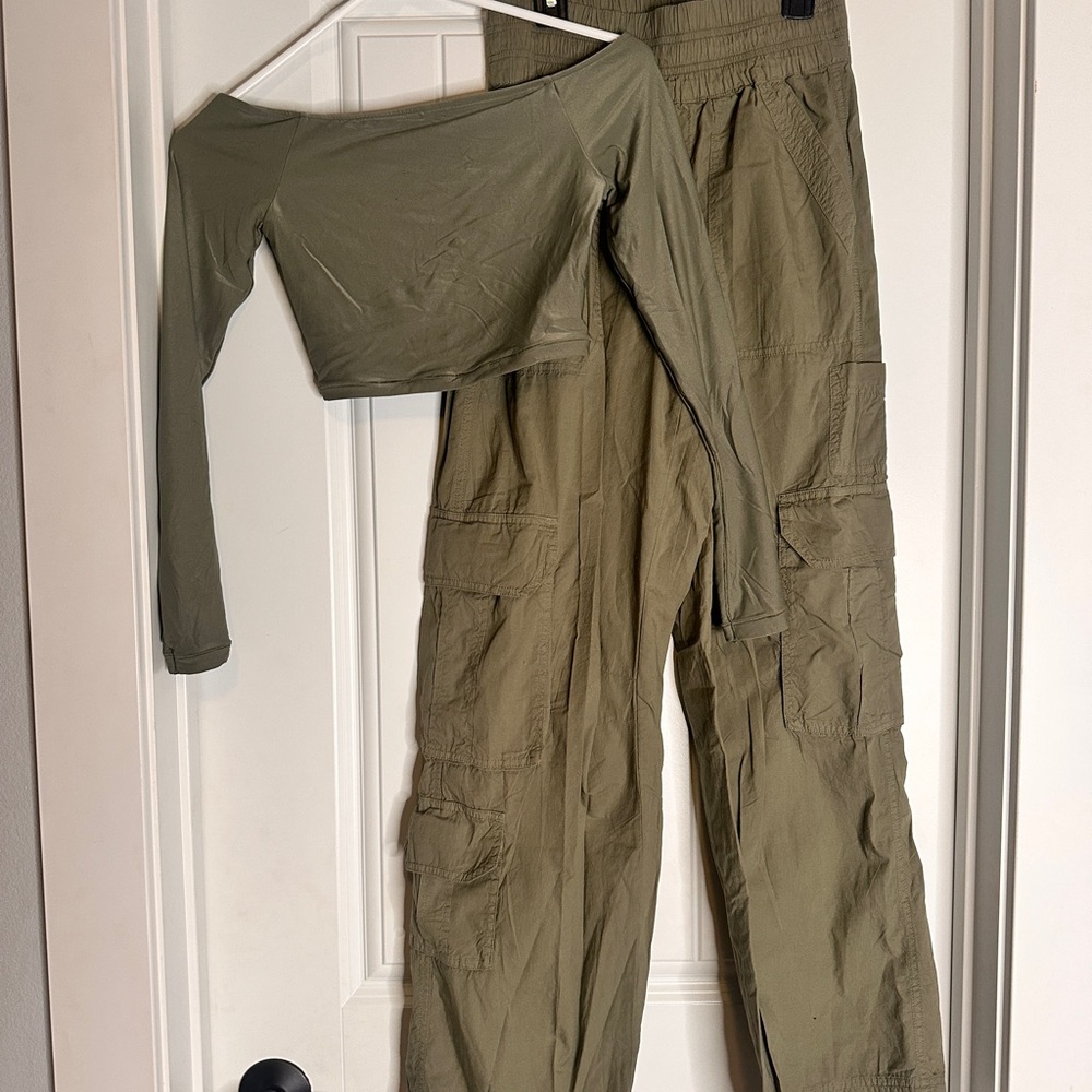 Aerie Olive Cargo Pants and Off-Shoulder Top Set